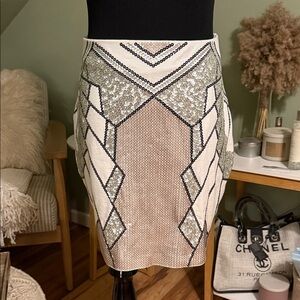 Beaded Sequin Ivory and Silver Pencil Skirt